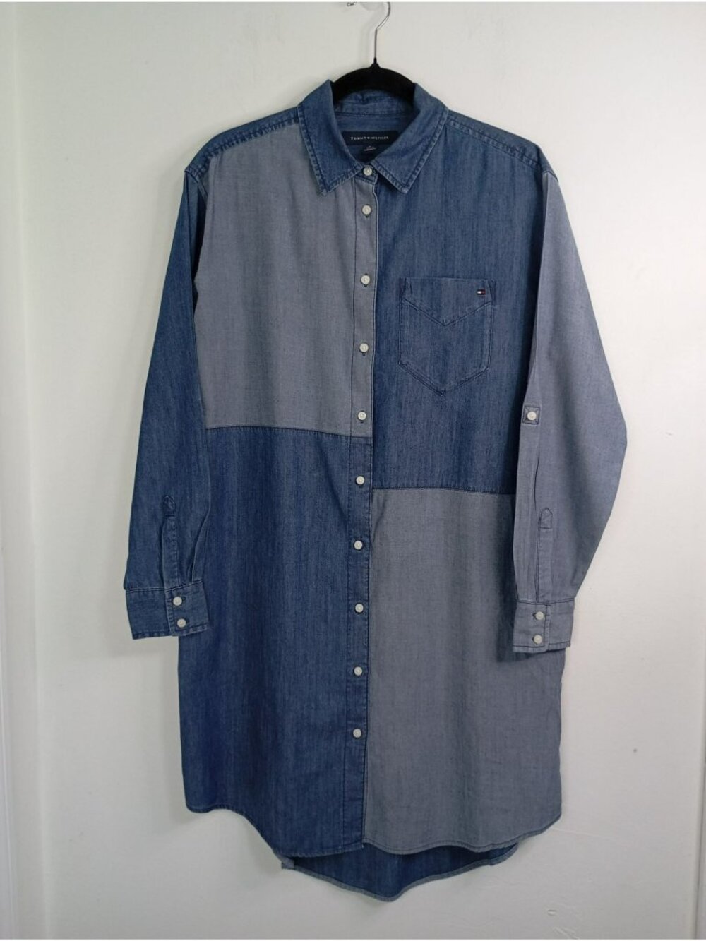 Tommy Hilfiger Two-Tone Denim Shirt Dress Button Front XS Oversice Cotton blend